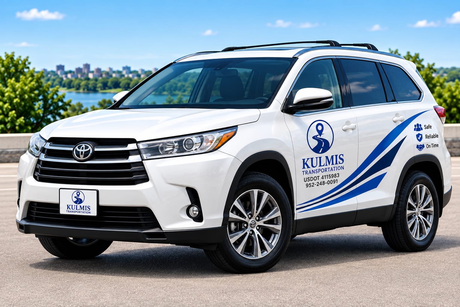 White Kulmis Transportation SUV with company branding, USDOT 4115983, ready for medical rides in St. Cloud, MN